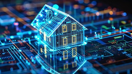 Aufkleber - A glowing outline of a house is displayed above a circuit board, symbolizing the fusion of modern architecture and cutting-edge technology in smart homes.