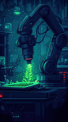 Poster - A robot is working on a plant, and the image has a futuristic and industrial feel to it