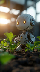 Poster - A robot is standing in a field of green plants. The robot is white and has a yellow face. The scene is peaceful and serene, with the robot blending in with the natural surroundings