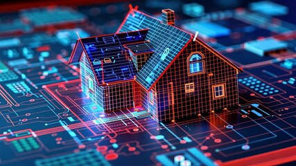 Aufkleber - A futuristic smart home is depicted in glowing lines against a vibrant circuit board background, illustrating advancements in technology and home automation.