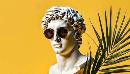 Wall Mural - Sunglasses-clad classical bust against a vibrant yellow backdrop with palm leaves, perfect for summer vacation-themed designs and invitations