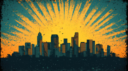 Wall Mural - A city skyline with a bright orange sun in the background. The city is lit up at night, creating a warm and inviting atmosphere