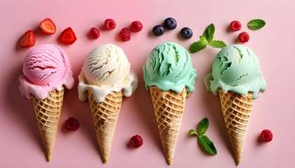 Wall Mural - Pastel-colored ice cream cones in a delightful array of flavors