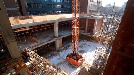 Wall Mural - A construction site with scaffolding, a crane, and a partially constructed building, highlighting the scale and complexity of construction projects.