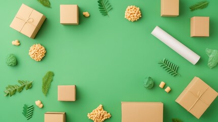 Wall Mural - A flat lay of packaging materials including packing peanuts, a roll of packing paper, and a variety of sized boxes.