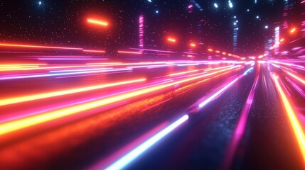 Canvas Print - Abstract Neon Lights Speed Lines on Road at Night