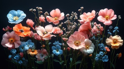 A vibrant arrangement of various colorful flowers against a dark background.