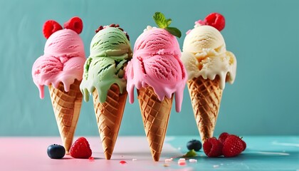 Wall Mural - Pastel-colored ice cream cones in a delightful array of flavors