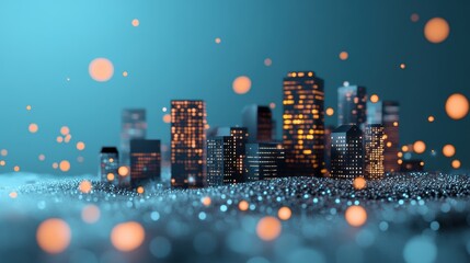 Poster - A cityscape with buildings connected by data streams, representing the accessibility and reach of SaaS platforms.