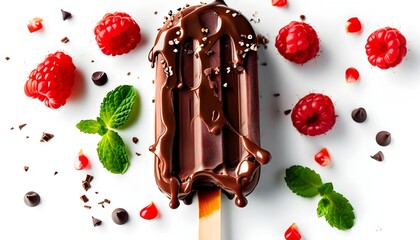 Wall Mural - Indulgent melting chocolate ice cream on a stick against a clean white background for summer lifestyle promotions and creative advertising designs