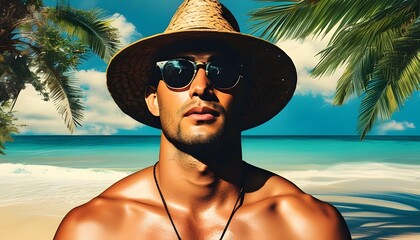 Wall Mural - Tropical beach vibes with stylish man in hat and sunglasses, perfect for summer vacation and travel banner design