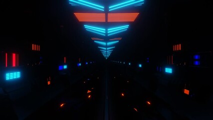 Wall Mural - endless forward movement along a futuristic dark corridor with flashing orange and blue lights. 3d render looped animation