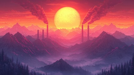 Wall Mural - Sunset Over Industrial Mountains with Smoke Stacks and Forest