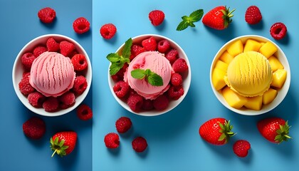 Wall Mural - Colorful fruit ice cream in bowls on a vibrant blue background for summer lifestyle promotions and enticing menu designs