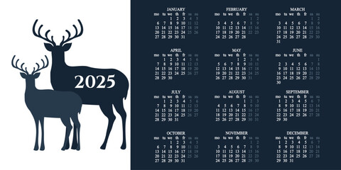 Wall Mural - Elegant 2025 Calendar template design in trendy minimalism style with reindeer silhouette. 2025 Calendar with dates grid and winter animal. Vector illustration for web and sales. EPS 10