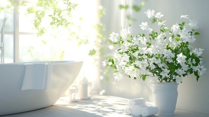 Wall Mural - A Luxurious Bathroom with White Flowers and Sunlight