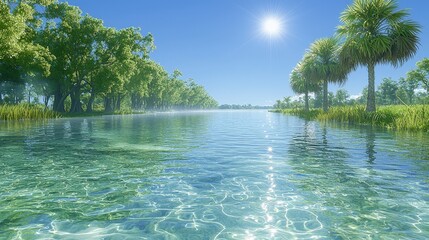 Wall Mural - Tranquil River with Sun Glare and Palm Trees