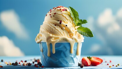 Canvas Print - Sweet summer delight with vanilla soft-serve ice cream cone against a vibrant blue sky backdrop