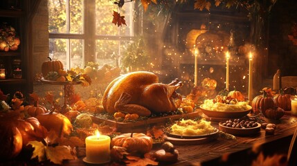 Wall Mural - Cozy Thanksgiving dinner scene with a large wooden table filled with roasted turkey, mashed potatoes, pumpkin pie, and fall decorations like pumpkins, candles, and autumn leaves.