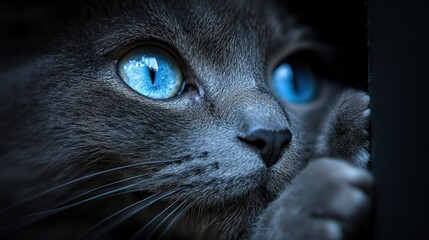 Wall Mural - Close-up of a cat with striking blue eyes peering curiously.