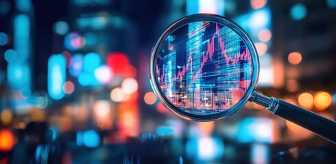 Poster - A magnifying glass over digital graphs and charts, symbolizing data analysis in stock market trading. The background is a blurred cityscape at night with neon lights