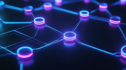 Poster - A futuristic digital network featuring interconnected nodes illuminated with neon blue and pink colors, symbolizing technology and innovation.