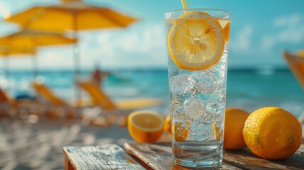 Wall Mural - Lemonade or gin tonic cocktails in a clear glass put on the wood table, on the beach under yellow umbrella, see background with a sunshine day, this is summer beach, let's go to the sea