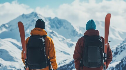 Wall Mural - Back view of unrecognizable men with ski on snow-capped mountain on cloudy day