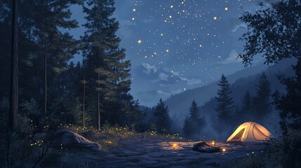 Poster - Artwork featuring a serene night scene of camping in a forest with twinkling stars and glowing fireflies, created digitally through painting and illustration techniques.