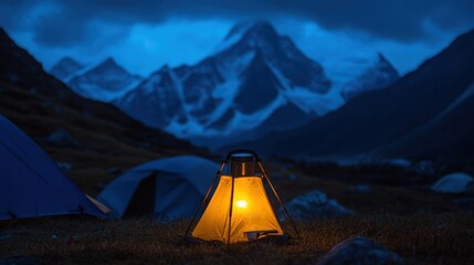 Wall Mural - A Lantern Illuminates a Campsite Against a Mountainous Backdrop