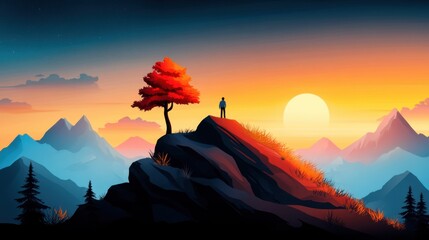 Wall Mural - Sunset Over Mountains with Silhouette of a Person