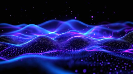 Wall Mural - A stunning wave of vibrant blue and purple lights flows across a dark background, creating a mesmerizing digital landscape.