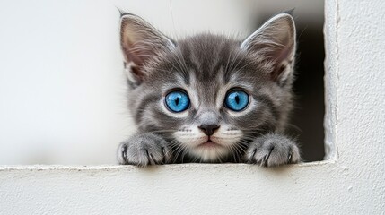 Wall Mural - A curious kitten with striking blue eyes peeks over a wall.