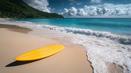 Poster - A vibrant yellow surfboard rests on a beautiful beach, surrounded by gentle waves and soft sandy shore. 