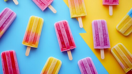 Colorful popsicles on a blue and yellow background.