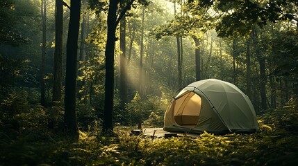 Wall Mural - A spacious dome tent set up in a serene forest clearing, surrounded by lush greenery and dappled sunlight