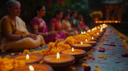 Diwali festival celebration with glowing diyas and guests, minimal backdrop.