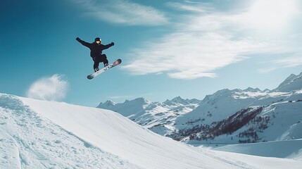 Wall Mural - A snowboarder is in mid-air, performing a trick on a snow-covered slope