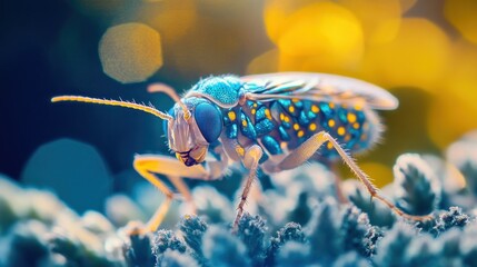 Poster - A Vibrant Blue and Yellow Insect on a Floral Background