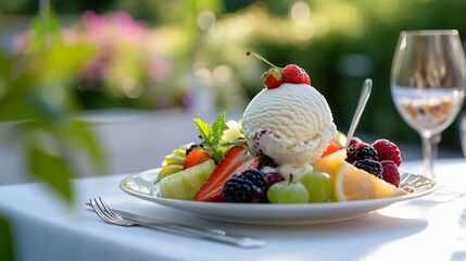 Wall Mural - Delicious dessert with ice cream, fruit, and berries.