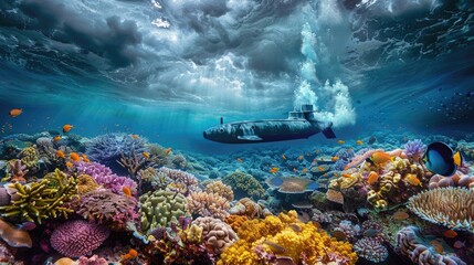 Submarine emerging near a coral reef colorful marine life under a stormy sky with thunder in the distance