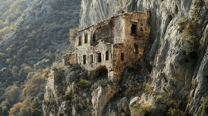 An abandoned fortress built into the side of a mountain, its stone walls disappearing into the rock face.