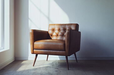 An elegant leather armchair with sleek lines and modern design placed in a minimalist setting