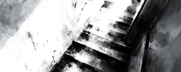 Poster - A staircase with a dark shadow on it. The staircase is made of wood and is very old