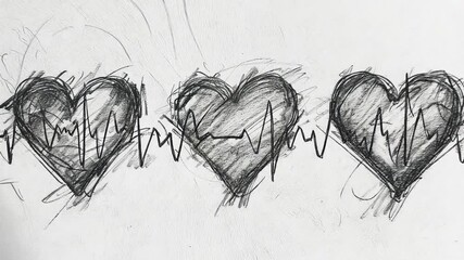 Poster - The sketch features three overlapping hearts, each accompanied by a pulse line, symbolizing love, life, and emotional connection. The artwork conveys a deep message of unity.