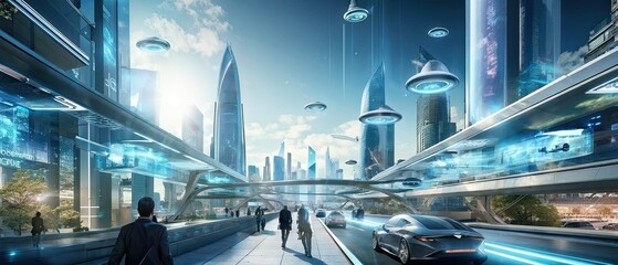 Futuristic Cityscape with Flying Cars and Sky Bridges