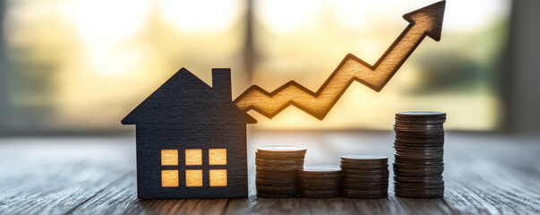 Poster - A house is shown with a stack of coins on top of it, and a line going up. Concept of financial growth and prosperity