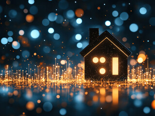 Poster - A house is lit up in the dark with a lot of sparkles. The house is small and black