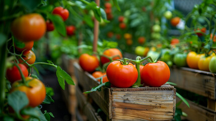 Wall Mural - Close up of tomatos, high quality fruits. Manual farming and harvesting concept.