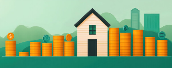 Poster - A house is surrounded by stacks of money, with the house being the only thing visible. The stacks of money are arranged in a way that they appear to be growing taller and taller